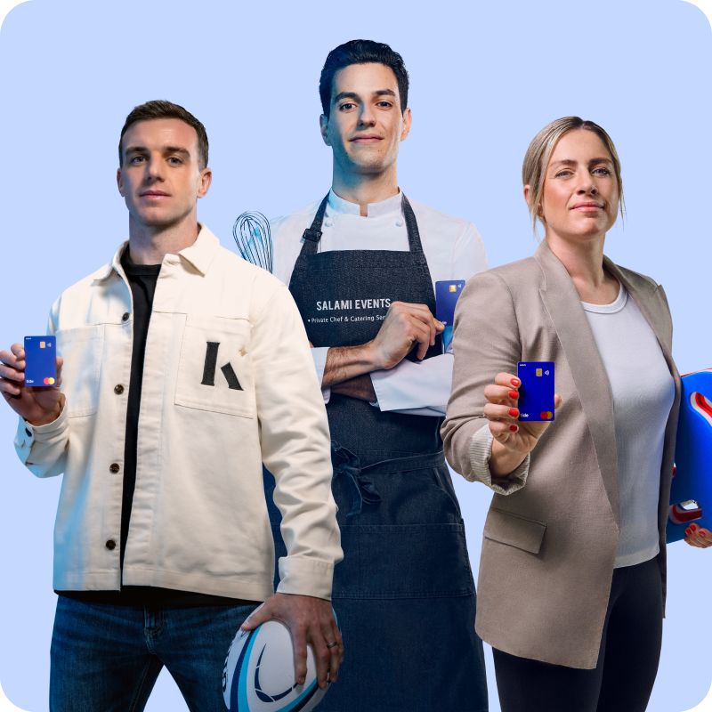 Three UK small business owners holding their blue Tide business Mastercards