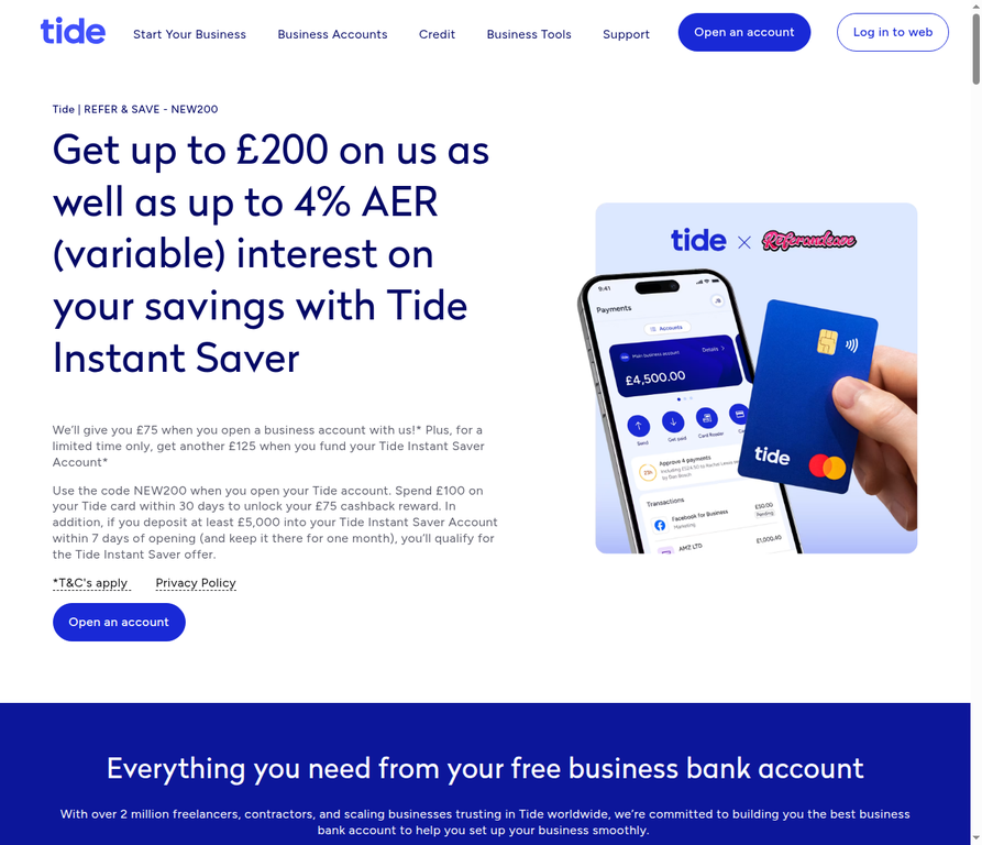 Screenshot of Tide's own NEW200 referral page showing up to £200 — £75 for spending £100 on the Tide card and £125 for funding Tide Instant Saver