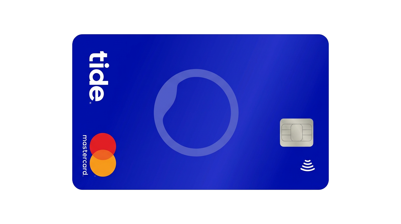 The Tide business account Mastercard in blue — use referral code NEW200 to claim up to £200